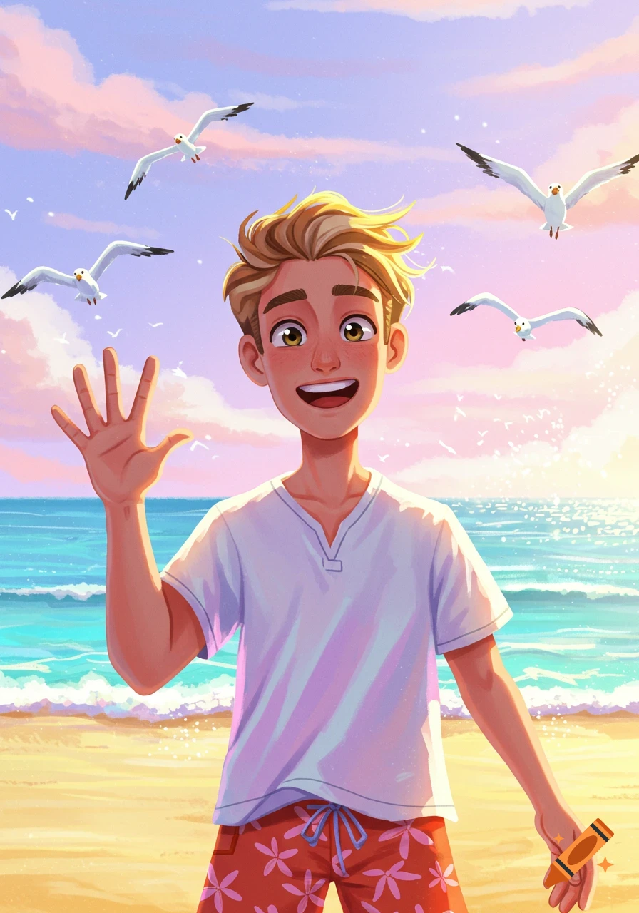A cartoon illustration of a smiling boy with blonde hair on a beach, waving. Seagulls fly in the pastel sky with a bright sun.