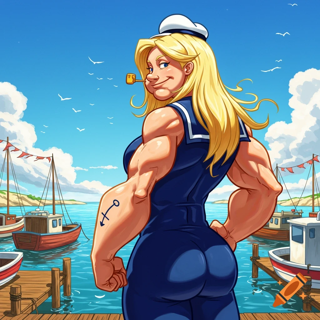 A muscular, blonde woman dressed as a sailor, seen from behind at a dock with boats, in a cartoon style.