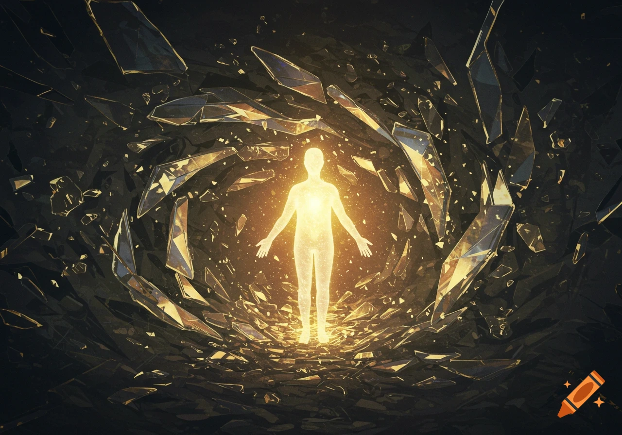 Glowing ethereal human silhouette amidst shattered glass shards in a dark, radiant void, abstract digital art.