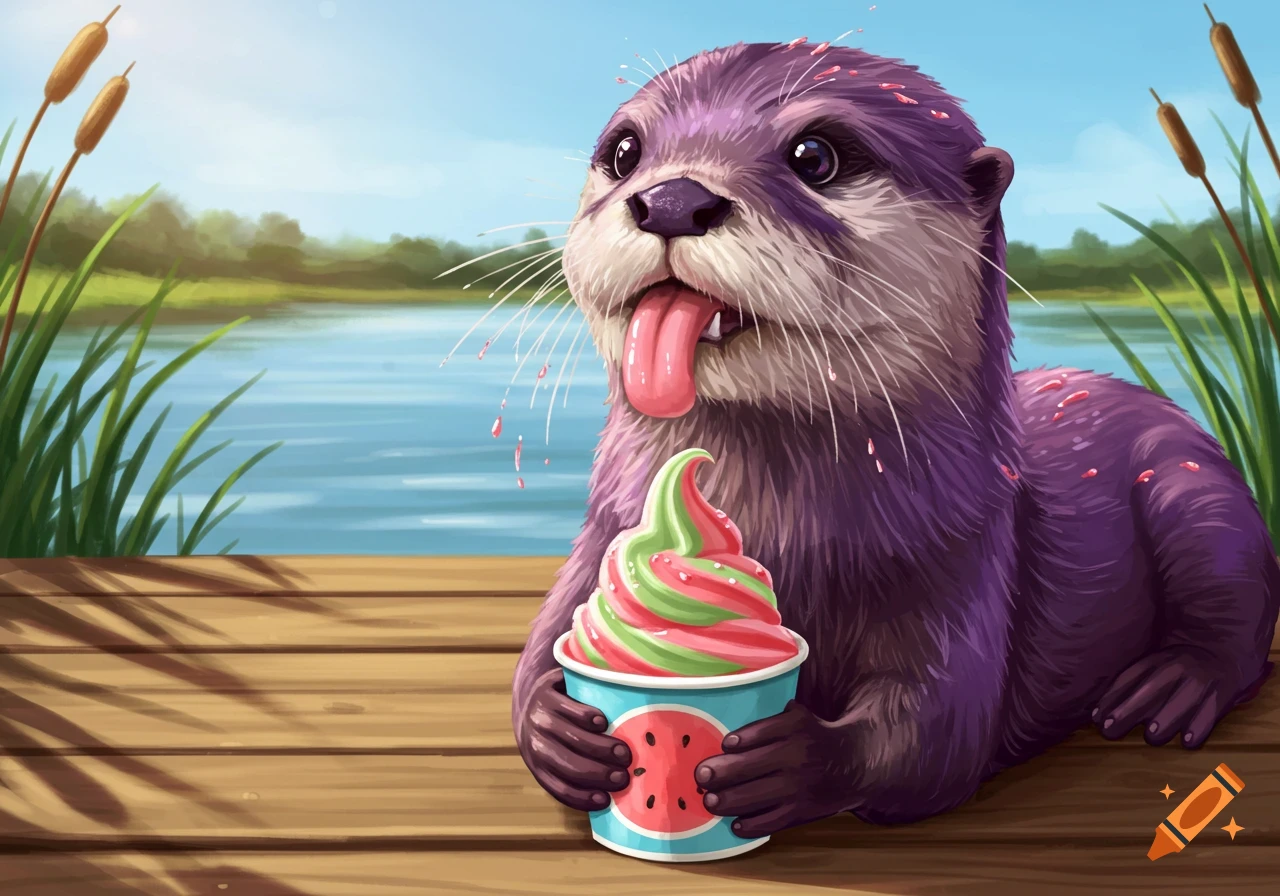 A cute purple otter with its tongue out holds a cup of swirled pink and green frozen yogurt on a wooden dock by a lake.