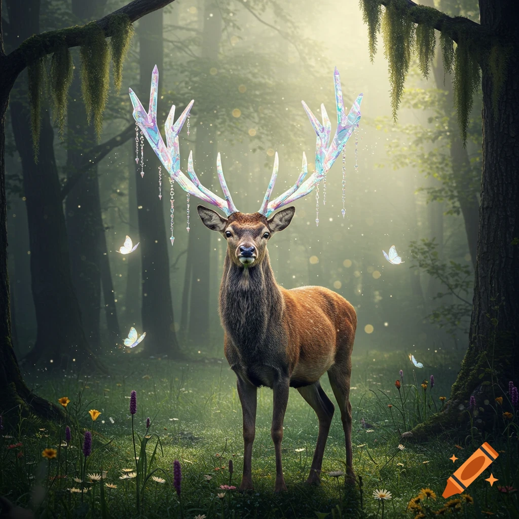 A majestic deer with glowing iridescent crystal antlers stands in an enchanted forest with butterflies and dappled sunlight.