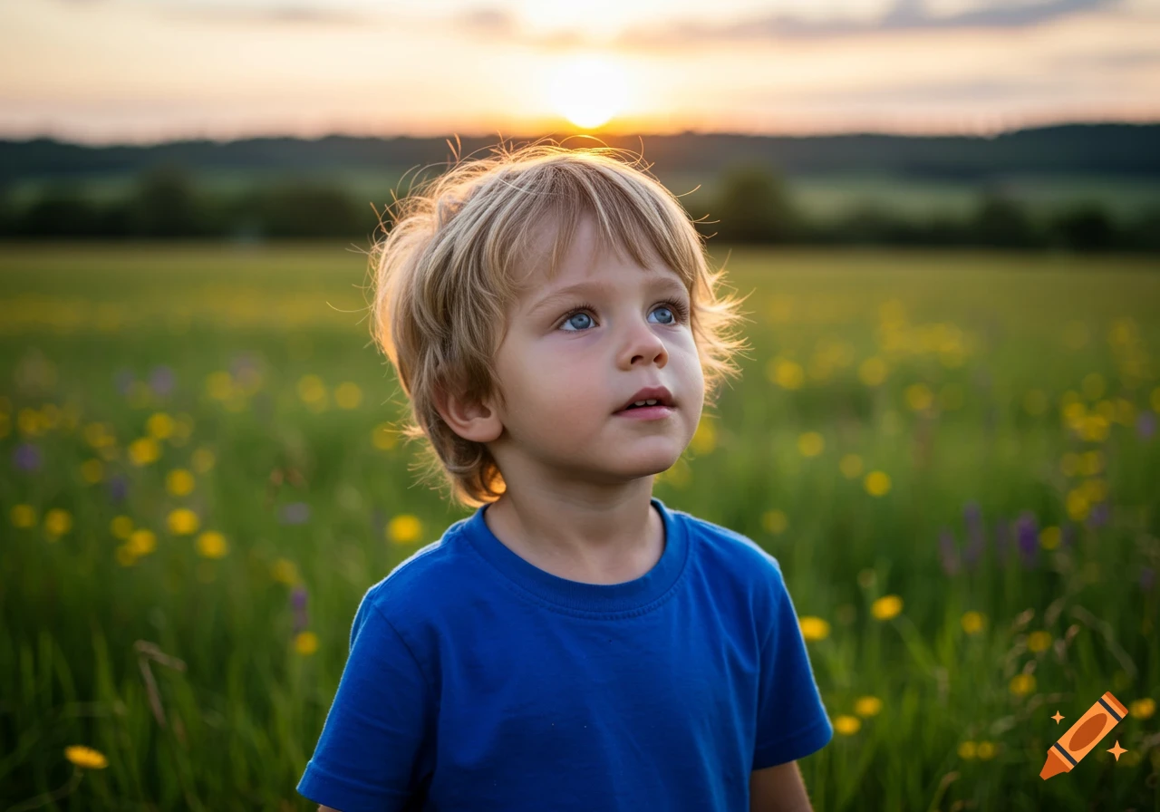 A young boy with blonde hair in a blue shirt looks up in a green field with wildflowers at sunset.
