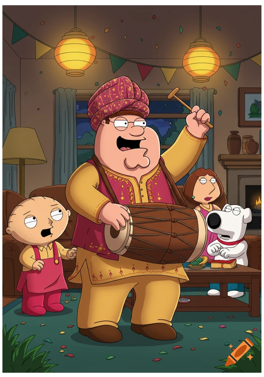 Peter Griffin in a turban plays a dholak while Stewie, Lois, and Brian look on in a festive Family Guy cartoon scene.