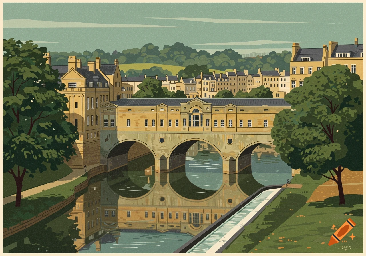 Illustration of Pulteney Bridge over a river, with buildings on top and lush green trees on the banks, in a stylized art style.