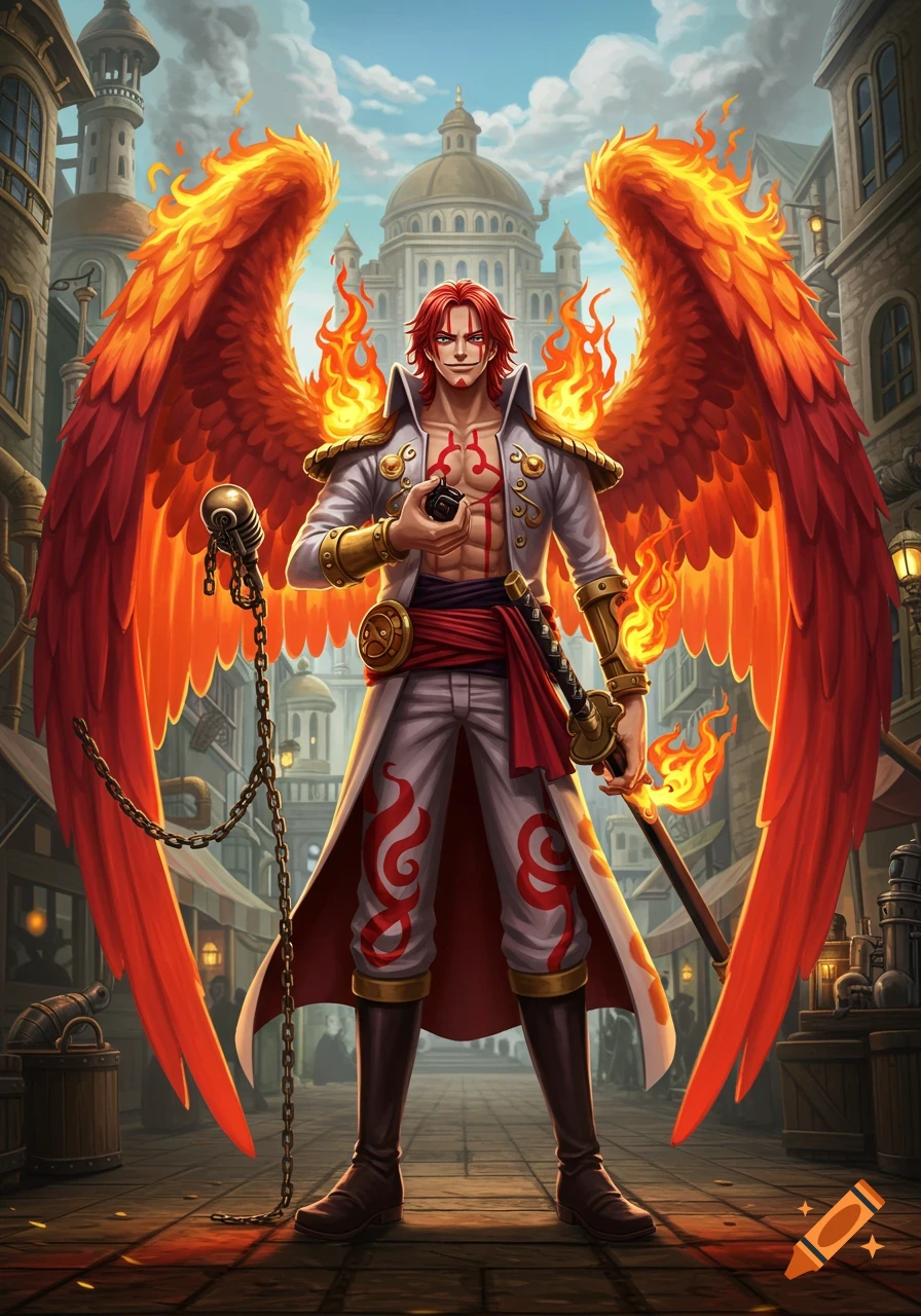 A red-haired man with fiery wings and a white coat stands heroically in a steampunk city, holding a chained microphone and a flaming katana.