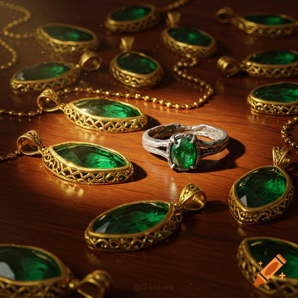 Close-up of numerous glowing gold emerald pendants and a tarnished silver emerald ring on a wooden surface.