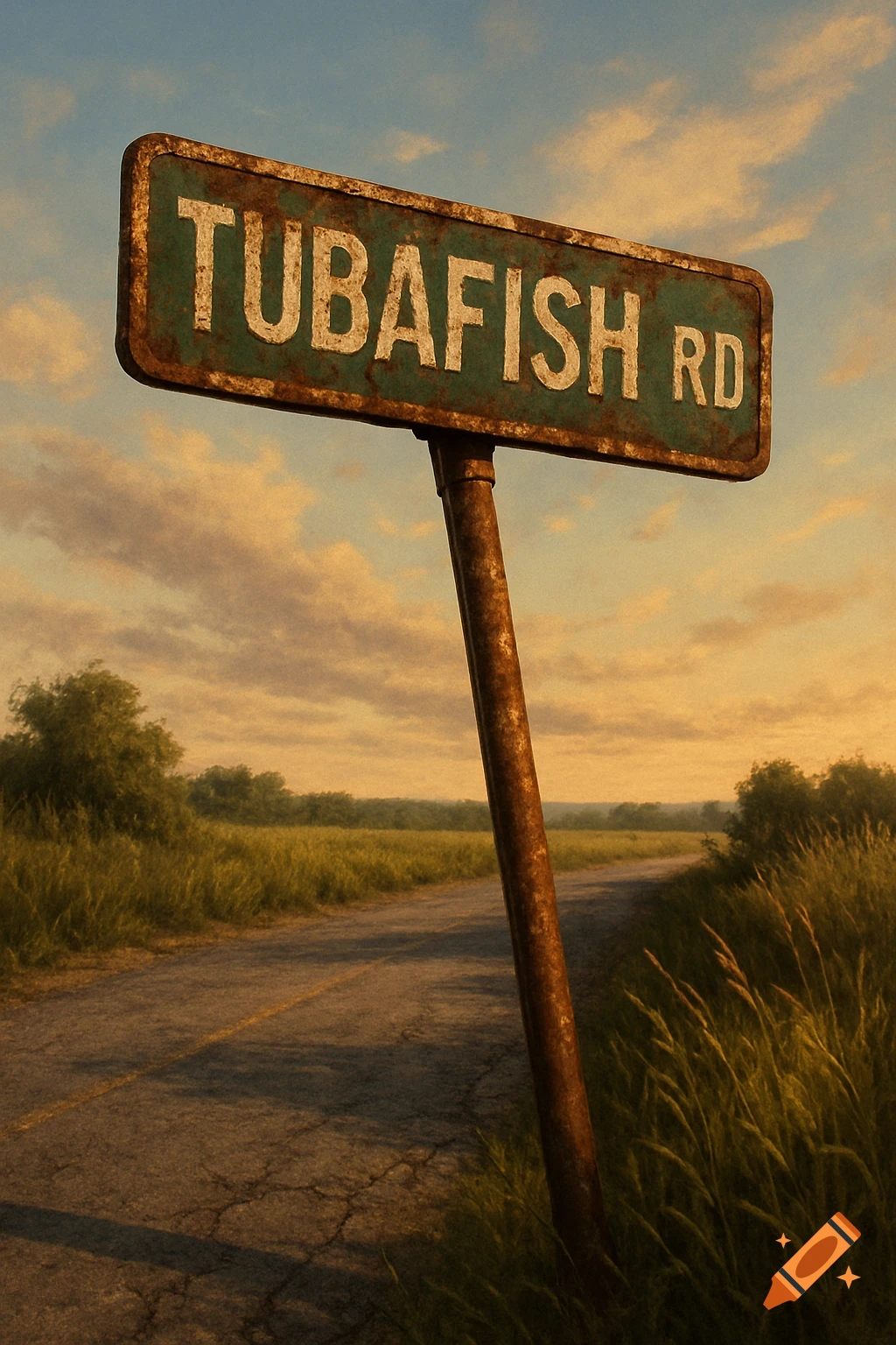 A rusty green street sign reads "TUBAFISH RD" on a dirt road, surrounded by fields and trees under a warm, cloudy sunset sky.