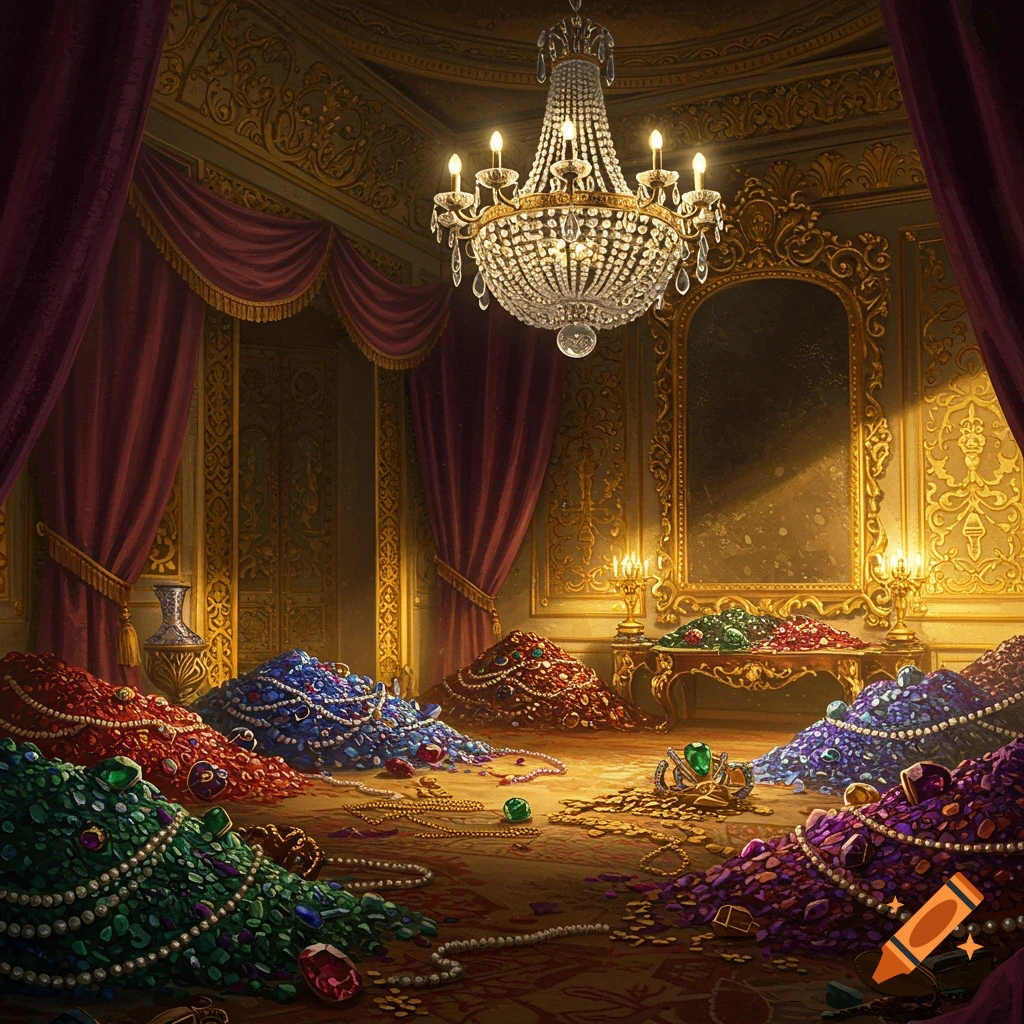 A lavish, dimly lit palace room with a grand chandelier, filled with large piles of colorful gems, gold coins, and pearl necklaces.