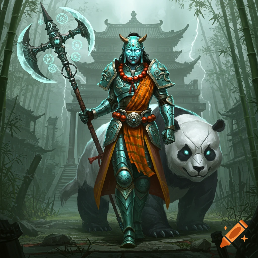A blue-skinned, horned warrior in turquoise armor and orange sash stands with a glowing axe and a luminous-eyed panda in a stormy bamboo forest with a Chinese temple.