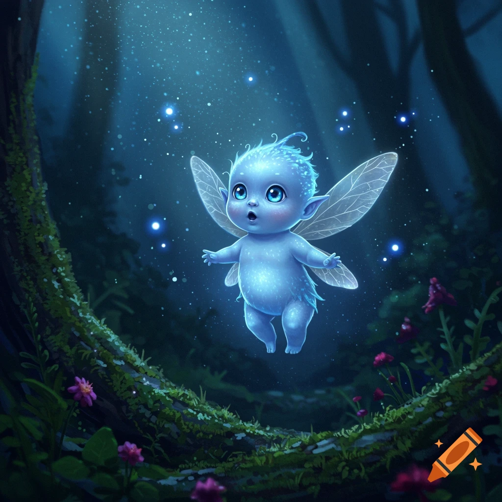 A cute, glowing blue baby sprite with delicate wings floats in a magical, dark forest with sparkling lights and mossy branches.