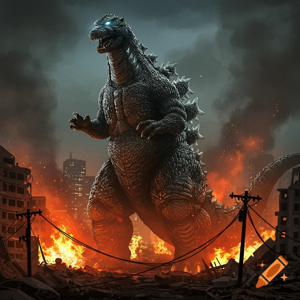Godzilla, a large reptilian monster with glowing blue eyes, stands amidst a burning, ruined city under a dark, smoke-filled sky.