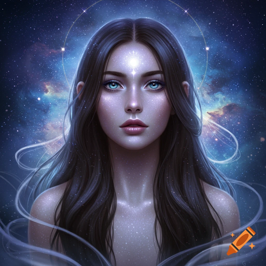 A fantasy portrait of a woman with long dark hair, glowing blue eyes, and sparkling skin against a cosmic starry background.