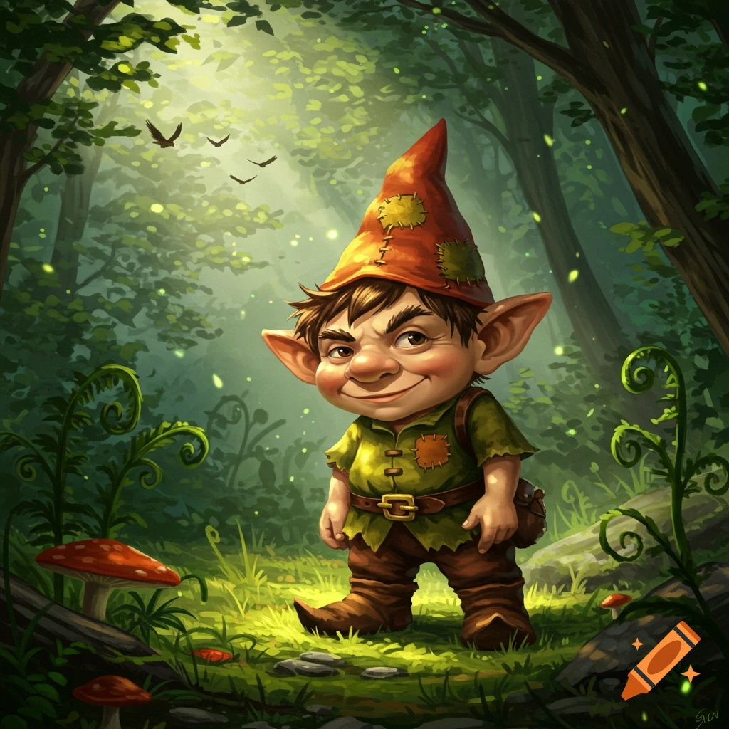 A sly-looking gnome with a pointed orange hat and green tunic stands in a magical forest with glowing particles, mushrooms, and ferns.