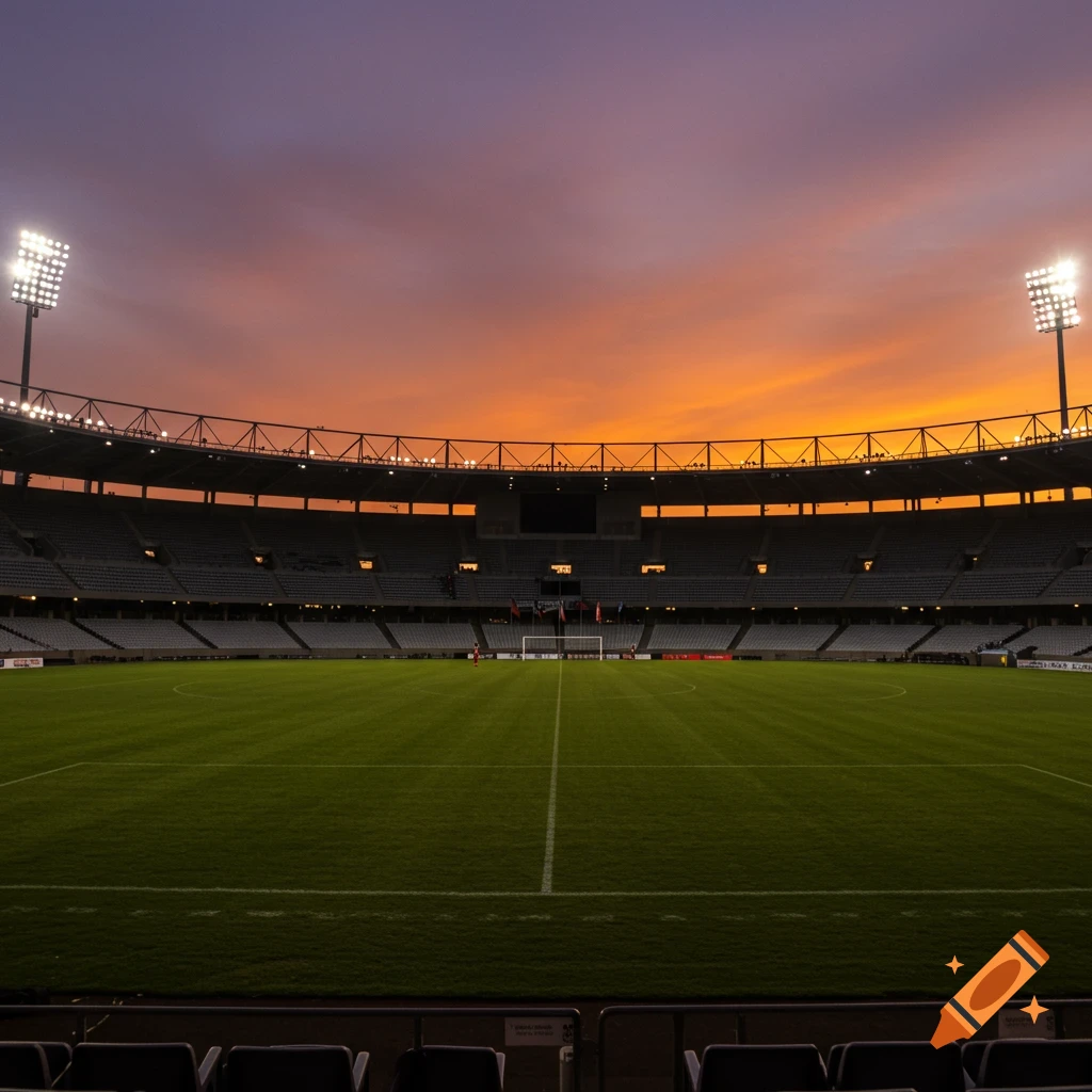Photorealistic image of an empty sports stadium with a green field and bright floodlights under an orange and purple sunset sky.