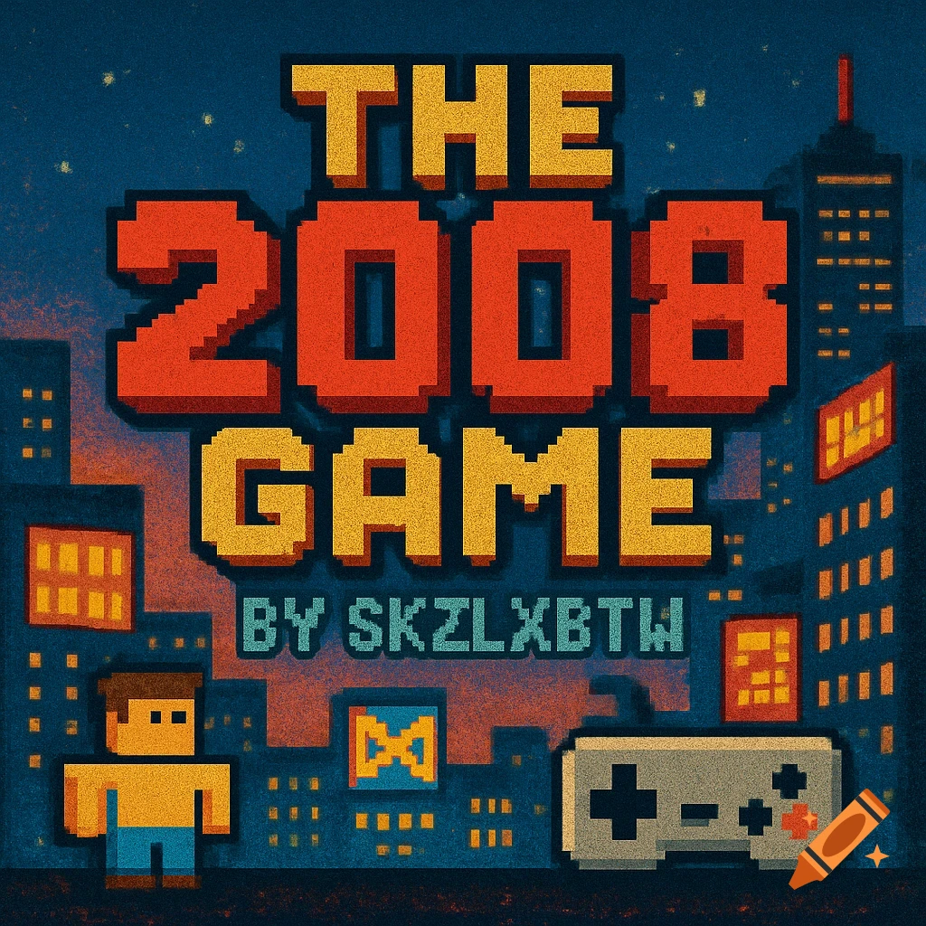 Pixel art cover for 'The 2008 Game by SKZLXBTW' with a blocky character, gamepad, and city skyline at night.