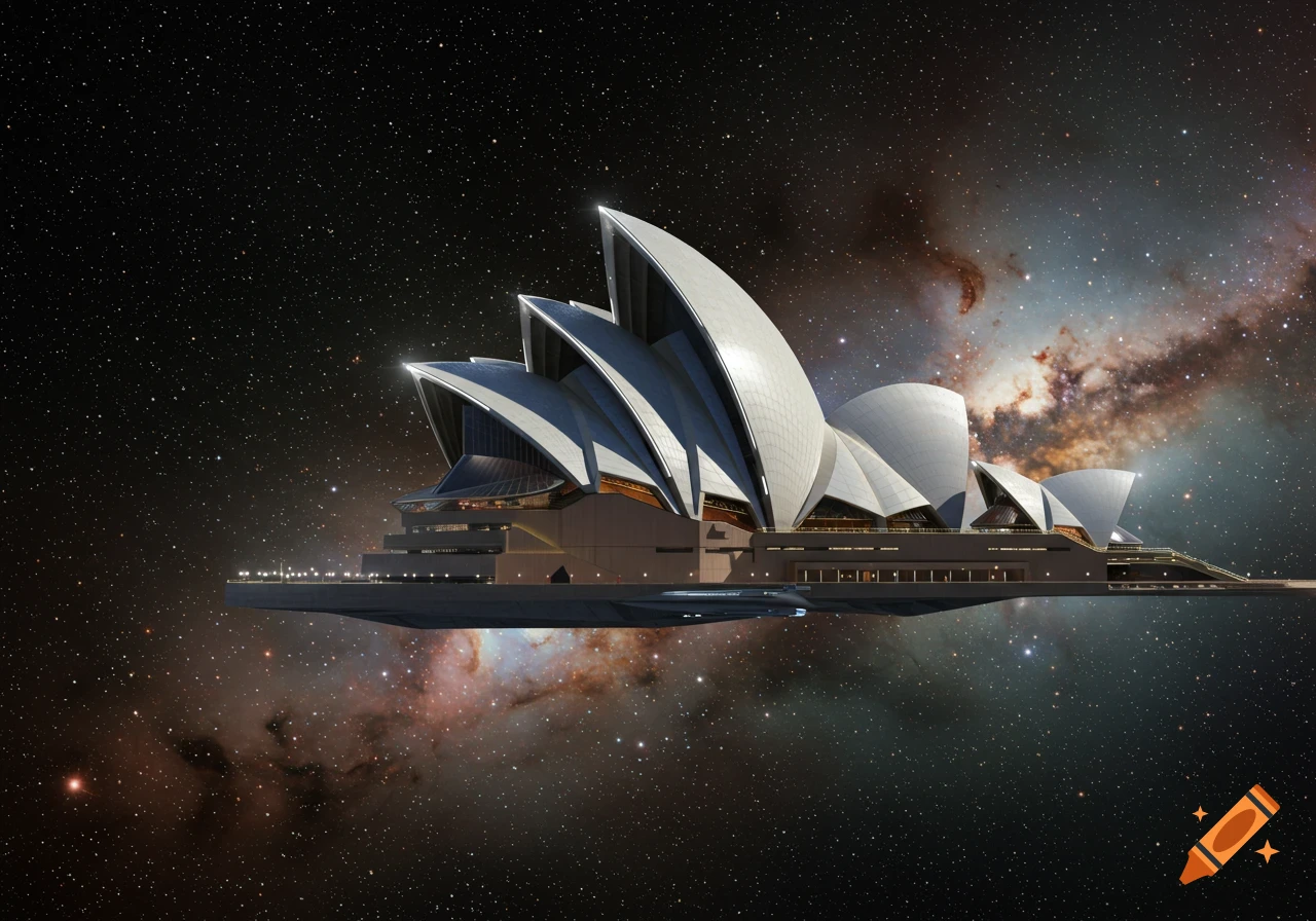 The Sydney Opera House reimagined as a futuristic starship, floating against a vibrant galaxy and stars in deep space.