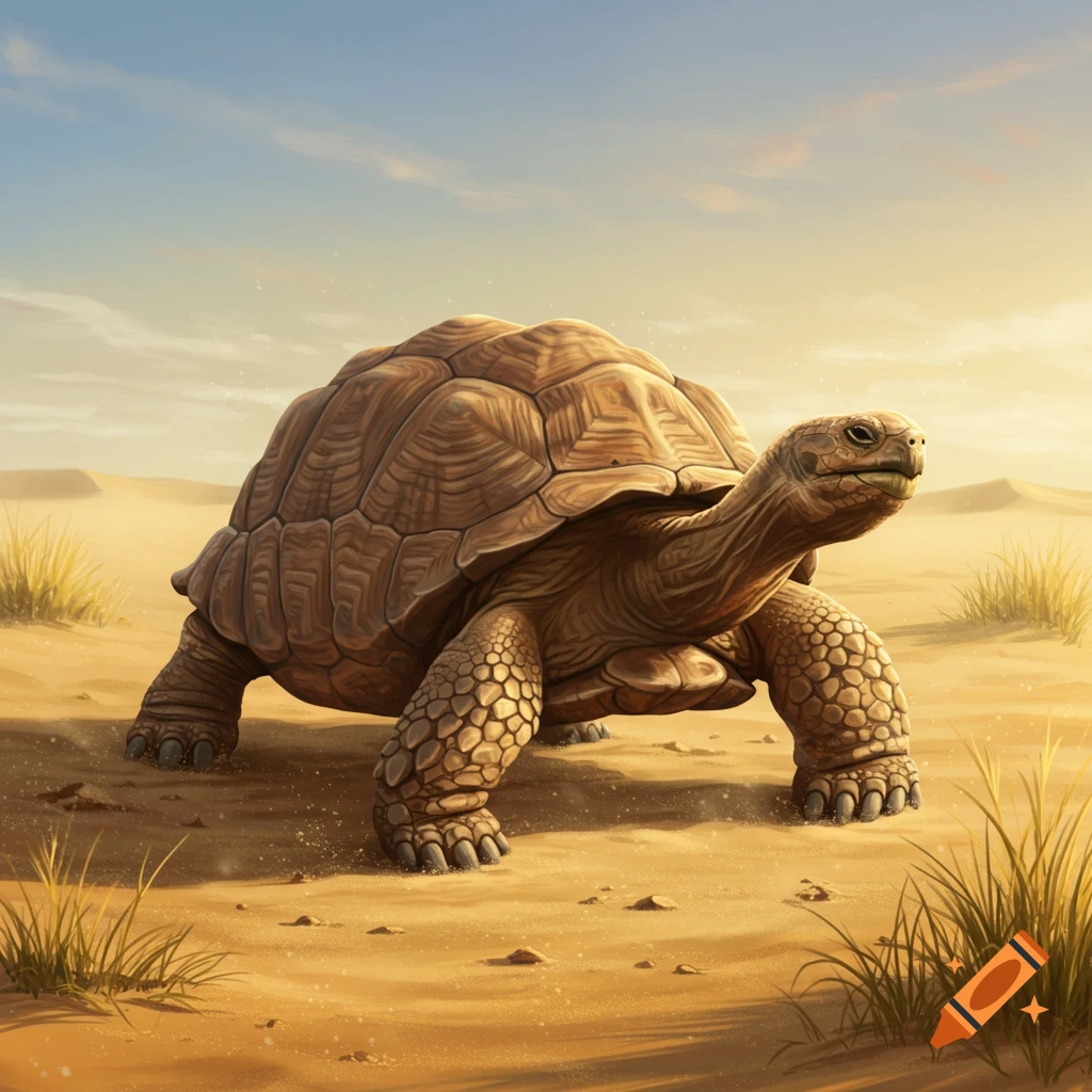 A large, detailed wrinkly tortoise walks across a sandy desert with dunes and sparse grass under a clear sky.