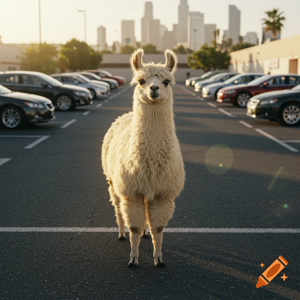 A photorealistic llama stands in the middle of an urban parking lot with city buildings in the background at sunset.