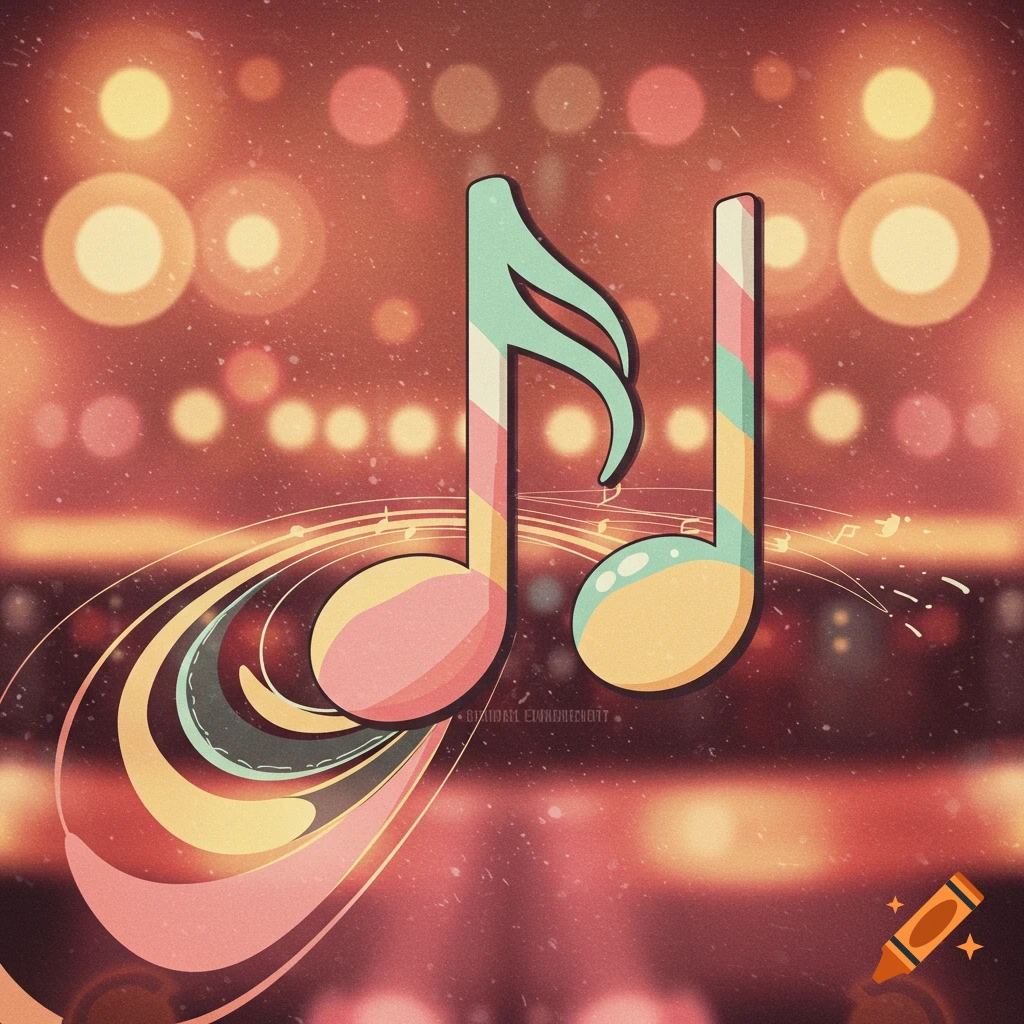 Two stylized, colorful musical notes against a blurred bokeh background in a retro illustration style.