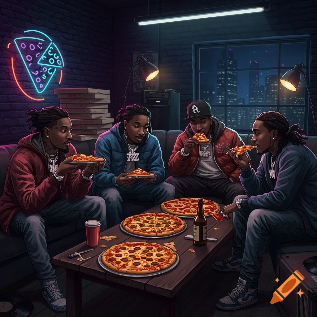 Four men with dreadlocks wearing hoodies and chains, sitting in a dimly lit room eating pizza. A neon pizza sign glows in the background.