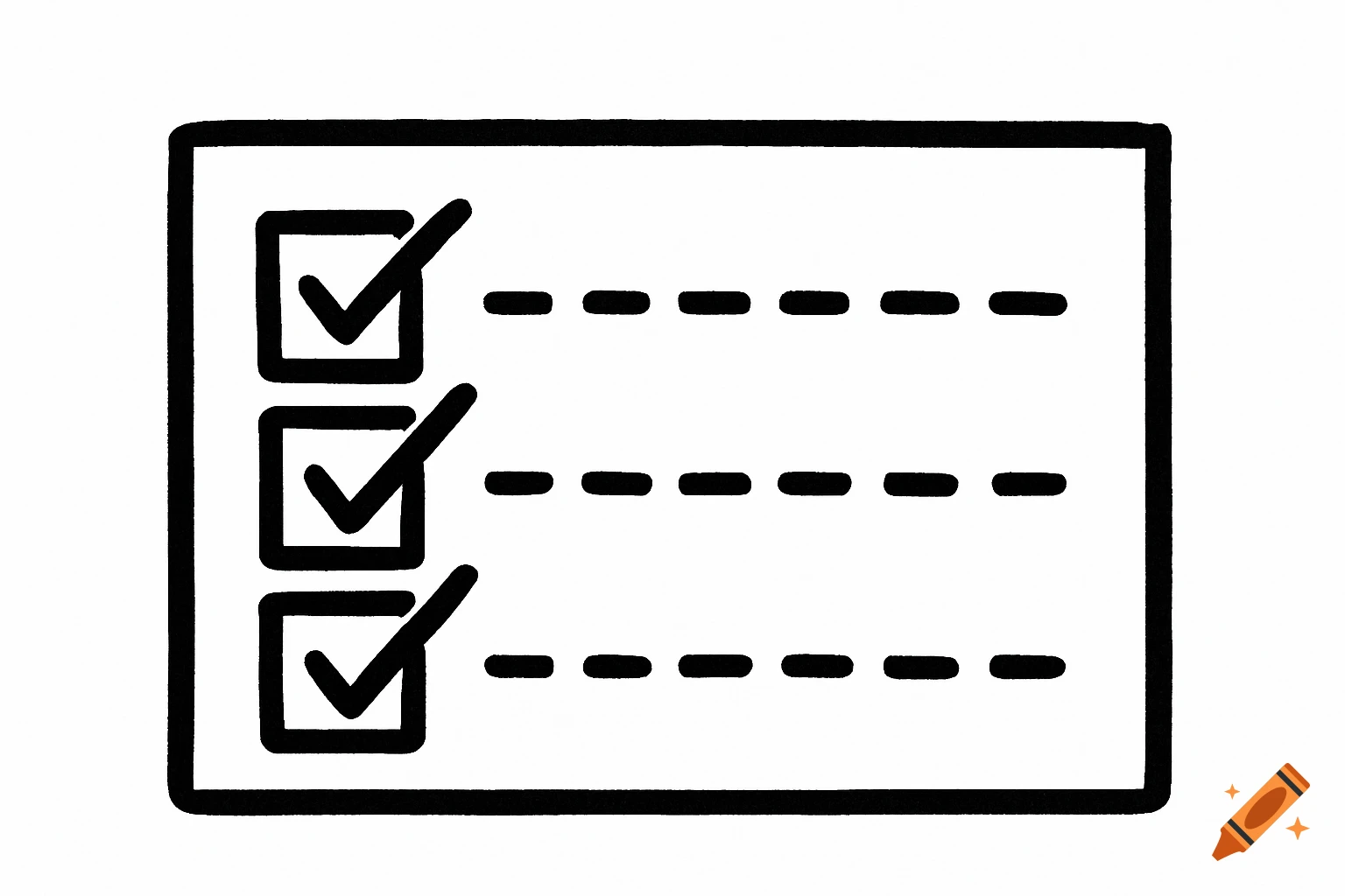 Black and white sketch of a checklist with three checked items and dashed lines.