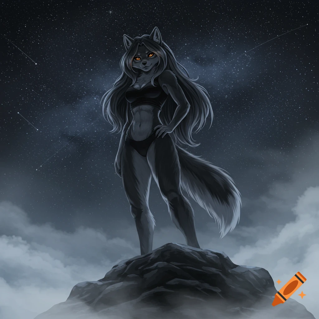 A dark-furred anthropomorphic female wolf with glowing orange eyes stands on a rocky peak under a starry night sky.