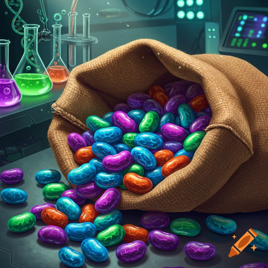 A burlap bag overflowing with vibrant, shiny blue, purple, green, and orange jelly beans spills onto a lab table.