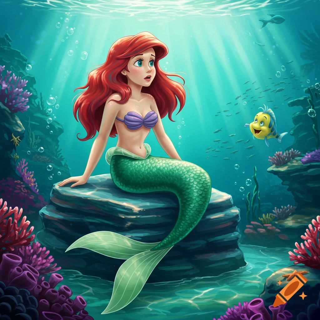 Ariel the Little Mermaid with red hair and a green tail sits on a rock underwater, looking surprised, with Flounder swimming nearby.