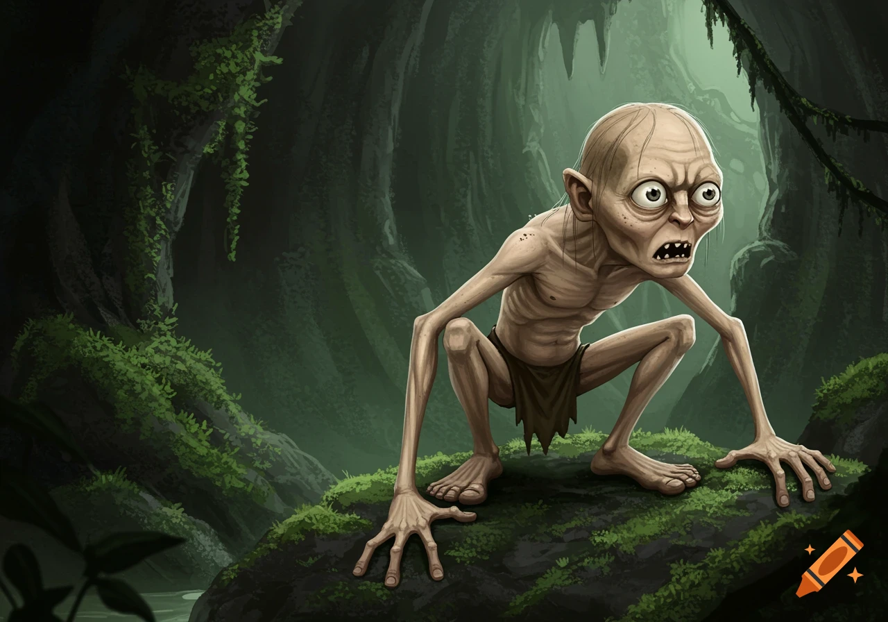 An illustration of a pale, thin, wide-eyed creature resembling Gollum, crouching in a dark, moss-covered cave.