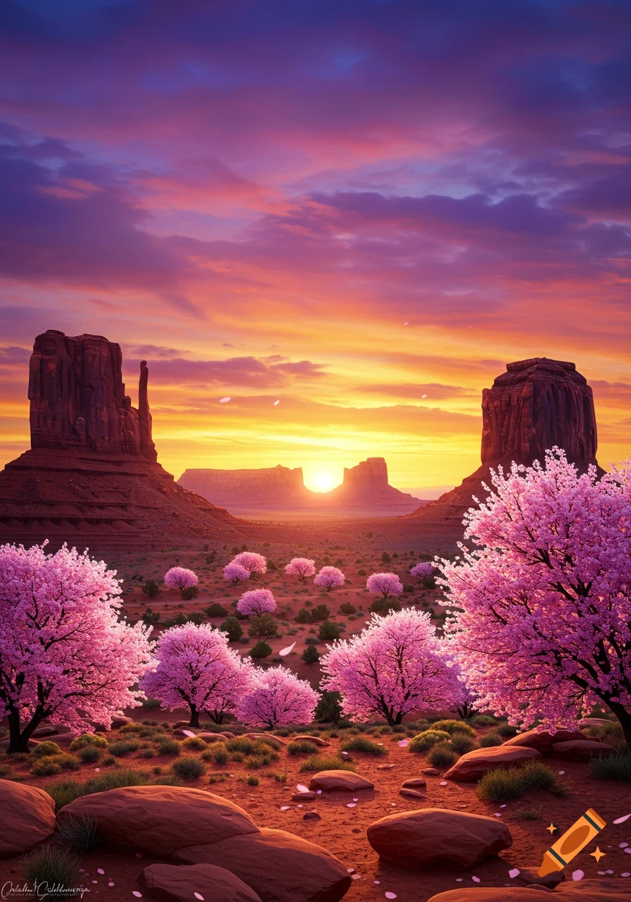 Photorealistic view of a vibrant sunset over red rock formations with numerous pink cherry blossom trees.