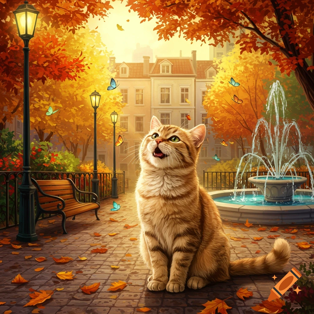 An orange tabby cat sitting on a cobblestone path in an autumn park, looking up at butterflies, with a fountain and buildings in the background.