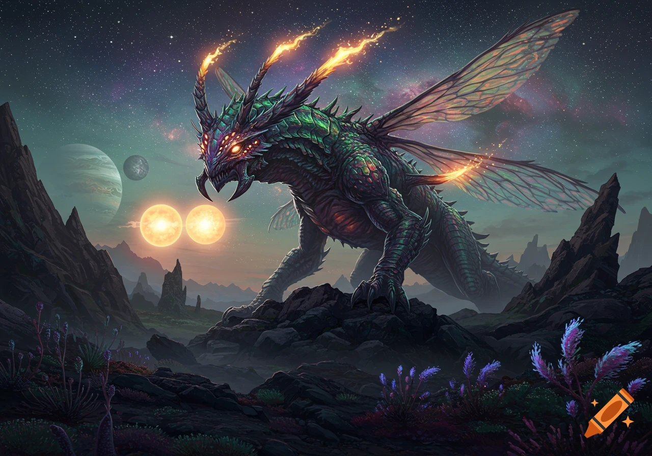 A green and purple insectoid dragon with glowing eyes and fiery horns on a rocky alien planet under a cosmic sky.