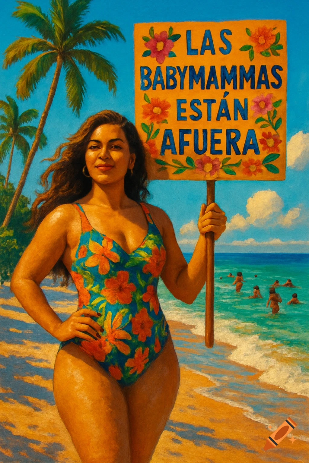 A Latina woman in a floral swimsuit holds a sign reading 'LAS BABYMAMMAS ESTÁN AFUERA' on a vibrant, painterly tropical beach.