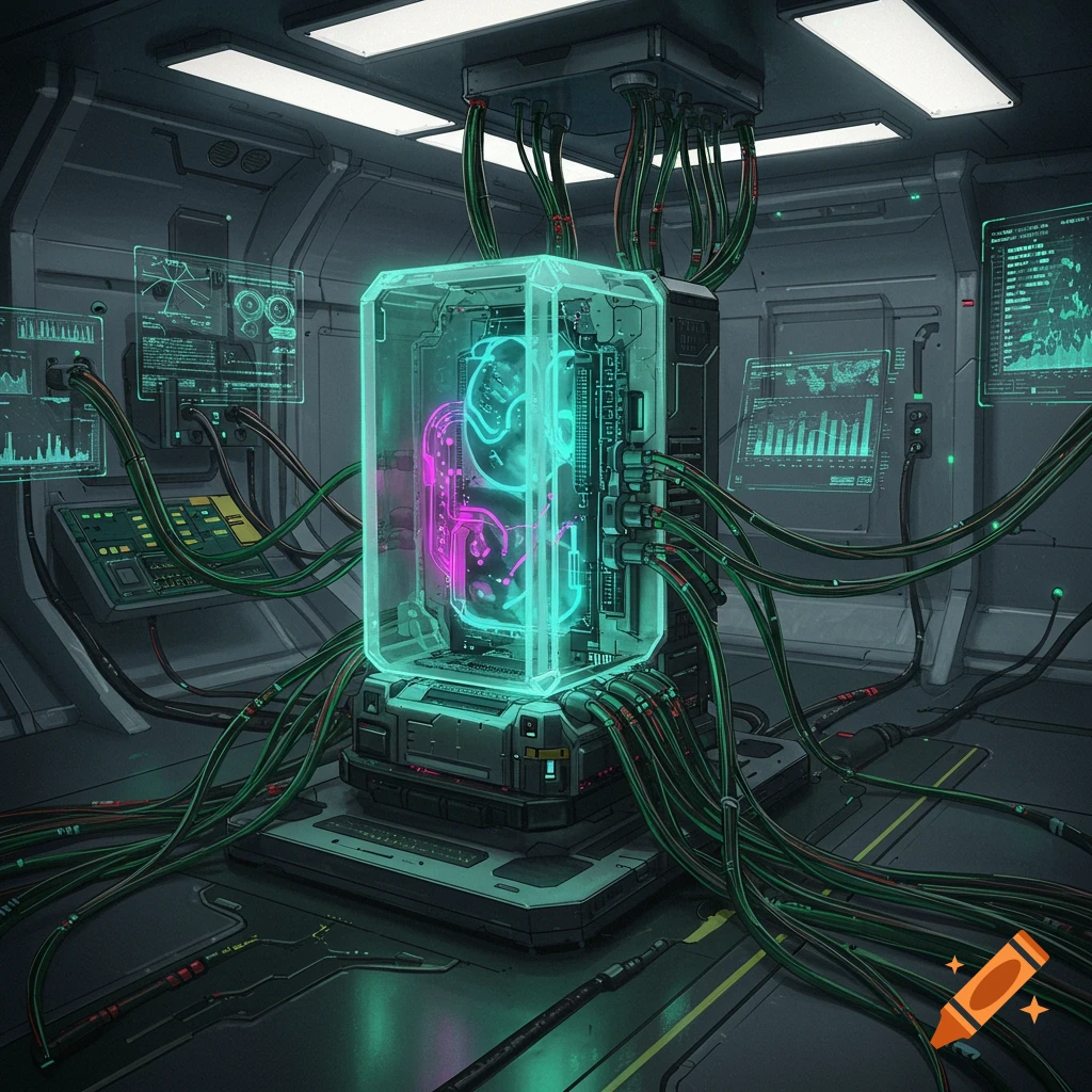Detailed futuristic server room with a central glowing cyan and magenta computer, surrounded by green wires and data screens.