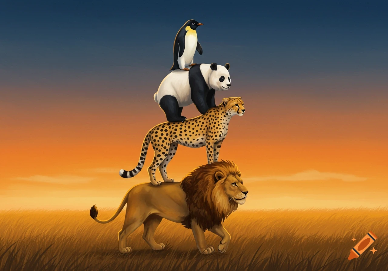 An illustration of a penguin balancing on a panda, who is on a cheetah, who is on a lion, all standing in a savanna at sunset.