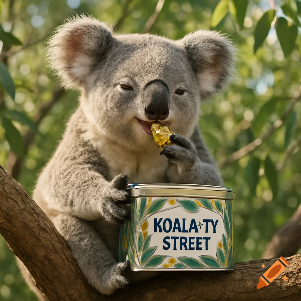 A photorealistic image of a cute koala sitting in a eucalyptus tree, eating a golden chocolate from a 'KOALA-TY STREET' tin.
