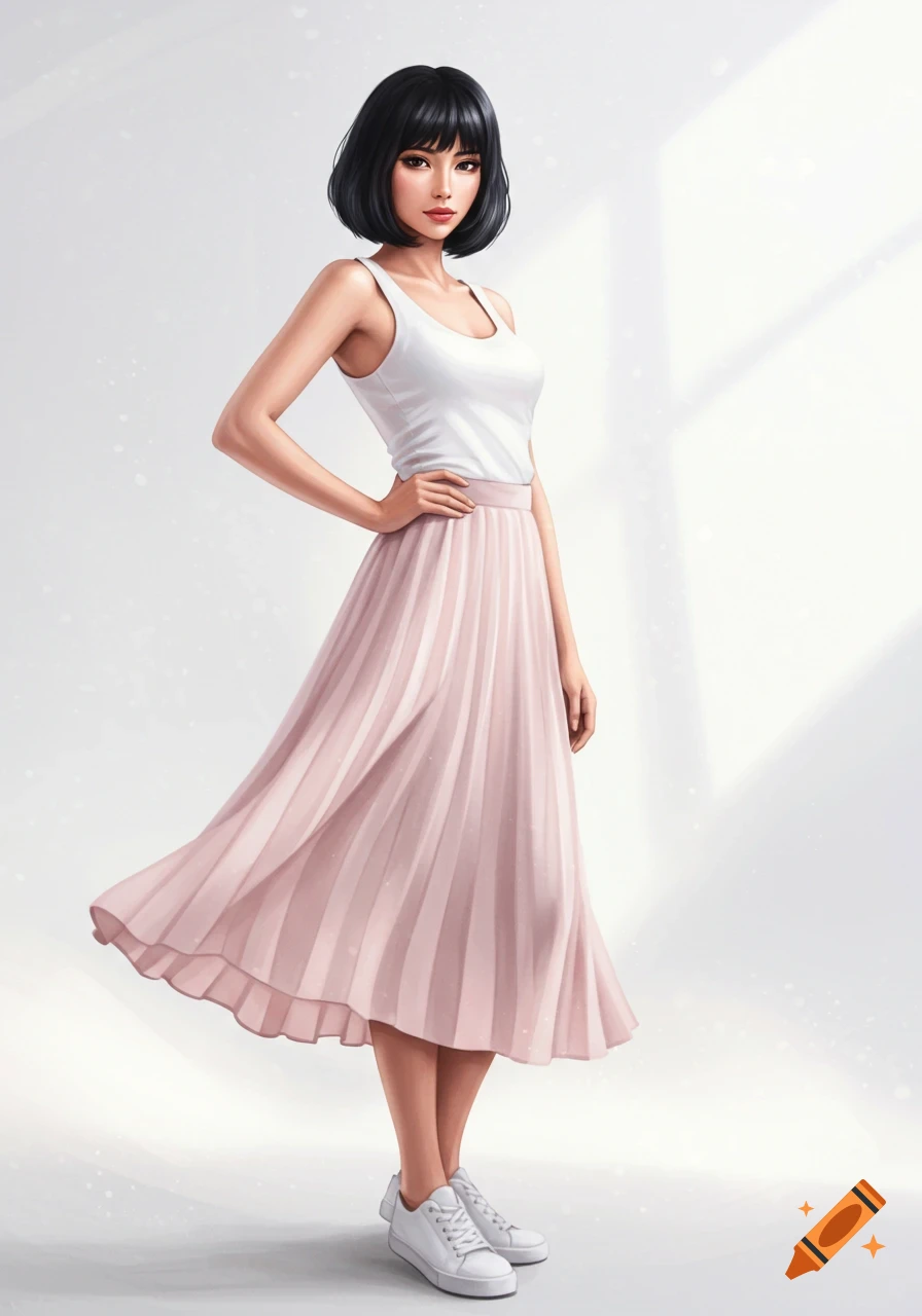 A beautiful young woman with a black bob haircut, wearing a white tank top, pink pleated skirt, and white sneakers, posing with a hand on her hip in a digital art style.