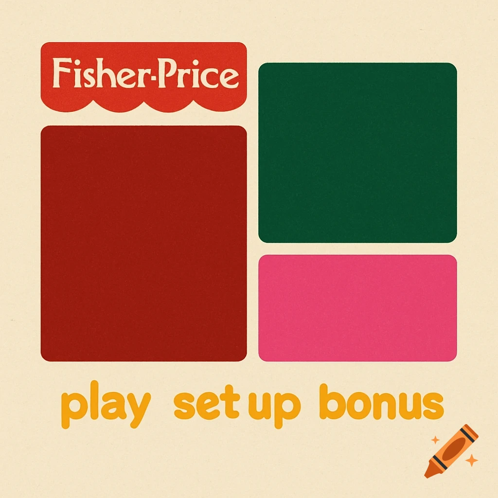 Fisher-Price logo above a dark red square, dark green square, and pink rectangle. Below, orange text reads 'play set up bonus' on a cream background.