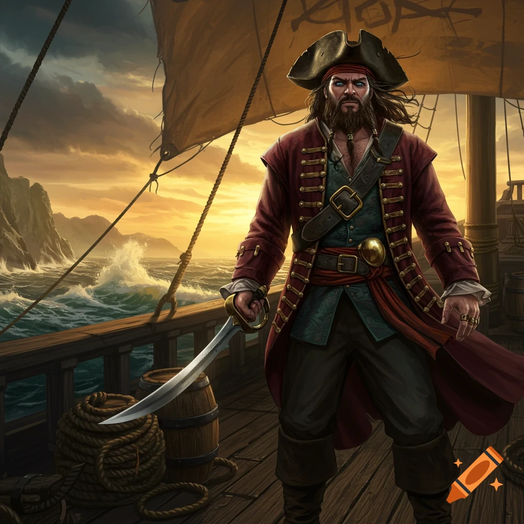 A bearded pirate in a red coat and tricorn hat stands on a ship's deck, holding a sword. Rough seas, cliffs, and a sunset sky are in the background.