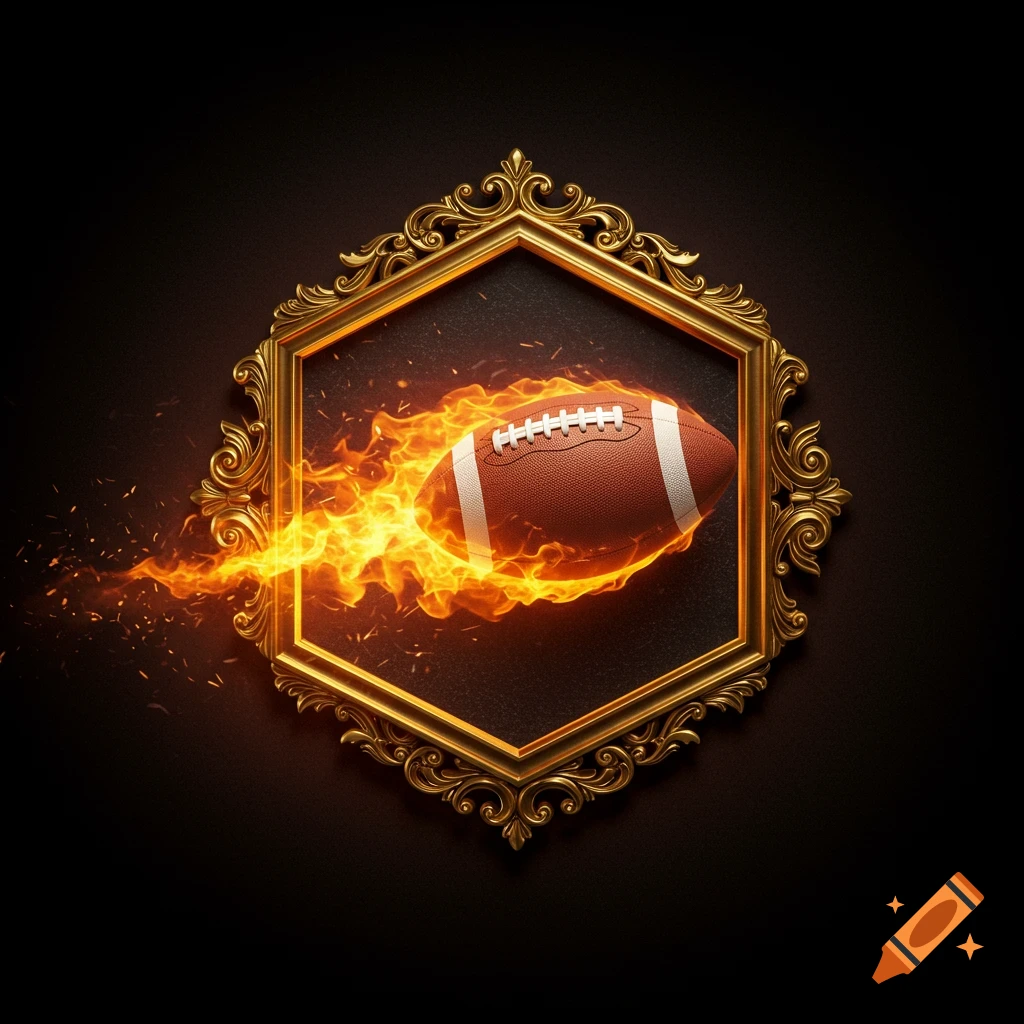 A flaming American football flies through an ornate golden hexagon frame against a dark background.
