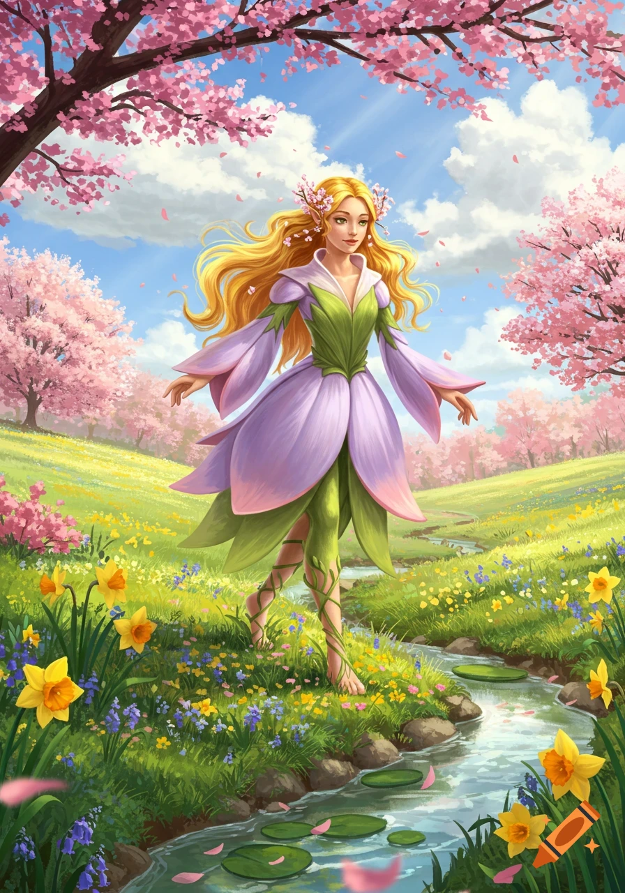 A blonde fairy in a lavender and green petal dress walks barefoot in a vibrant spring meadow with pink cherry trees, daffodils, and a stream.