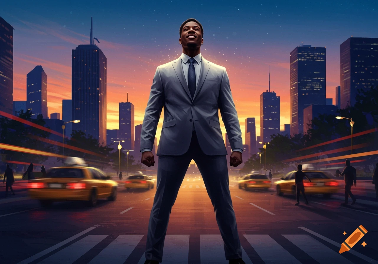 A confident Black man in a suit stands on a city street at sunset, looking up, with blurred taxis and skyscrapers. Digital art.
