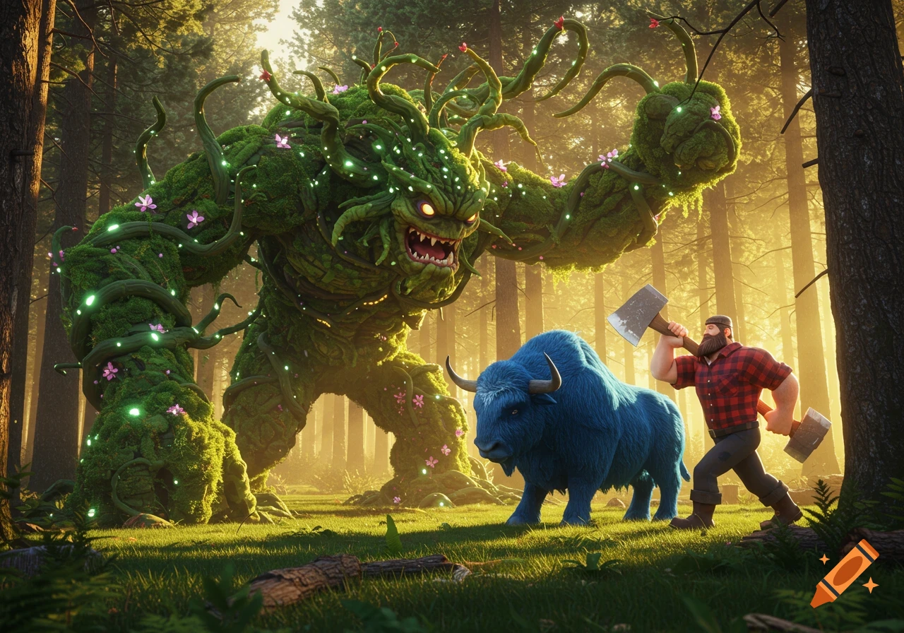 A fierce giant plant monster confronts a bearded lumberjack with an axe and a large blue ox in a sunlit forest, 3D art.