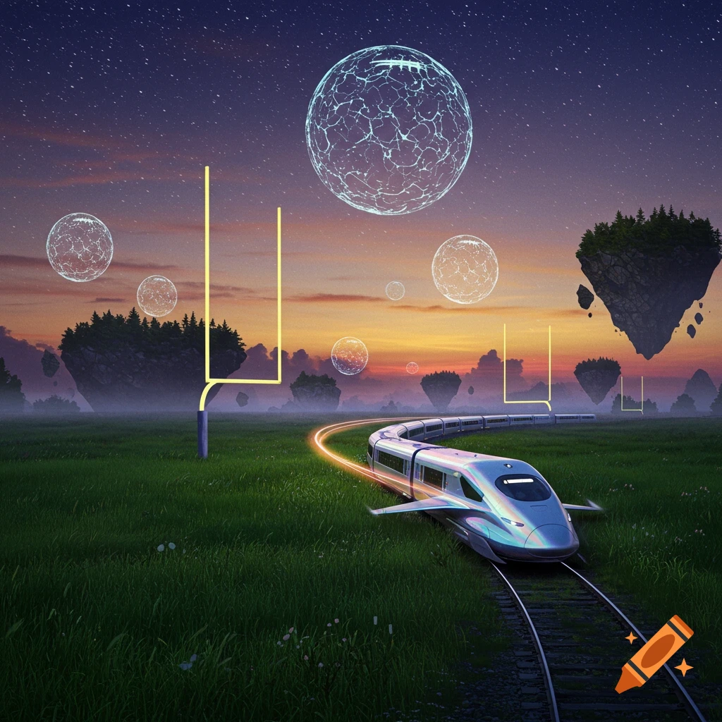A sleek, futuristic train rides through a grassy field with football goalposts, floating islands, and glowing sci-fi orbs under a starry twilight sky.