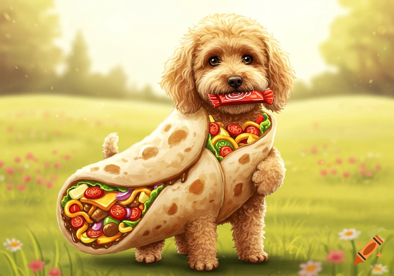 A cute golden doodle with a burrito body and a red candy bar in its mouth, standing in a sunny, green field with flowers.