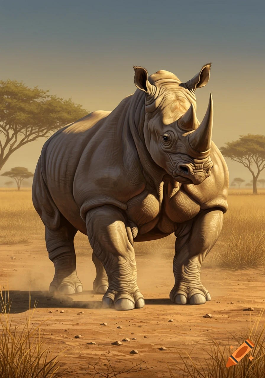 A muscular rhinoceros stands on a dusty savanna with acacia trees under a warm sky, in a photorealistic style.