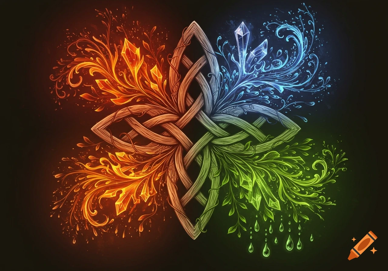 A vibrant Celtic knot symbol with fire, ice, and earth elements radiating from its corners on a dark background.