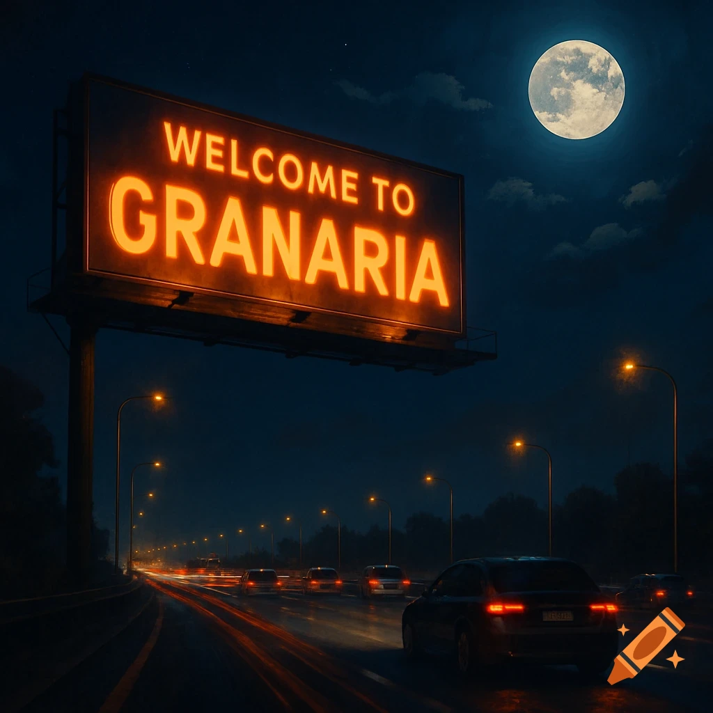 Photorealistic night scene of a highway with cars and a bright billboard reading "WELCOME TO GRANARIA" under a full moon.