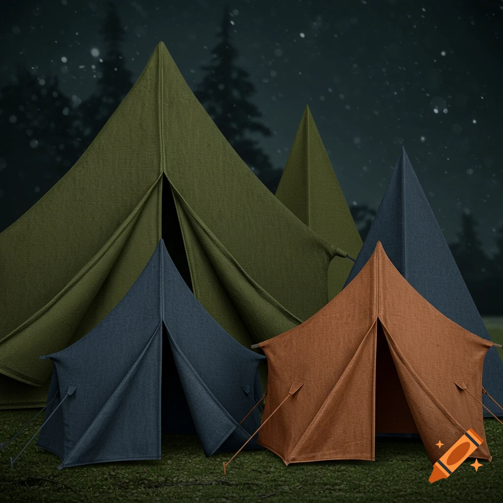 Various colorful camping tents pitched on grass in a dark, snowy forest at night.
