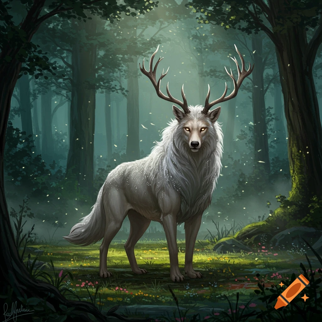 A majestic white wolf-deer hybrid with glowing eyes and antlers stands in a magical, sun-dappled forest.